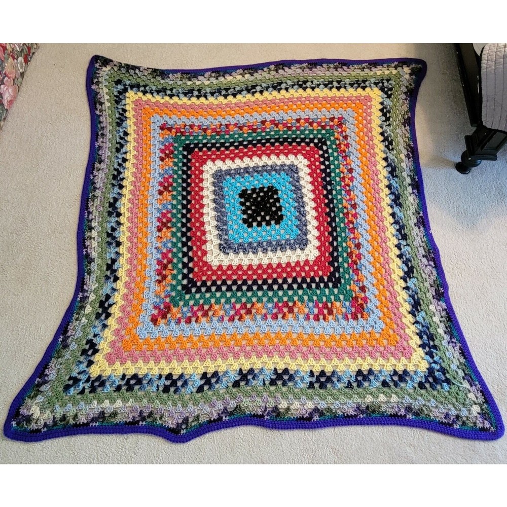 Vintage Hand Knit Crochet Granny Throw Blanket Rainbow Colors